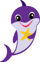 a purple shark is holding a starfish in its mouth