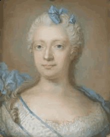 a portrait of a woman wearing a white dress and blue ribbons in her hair .