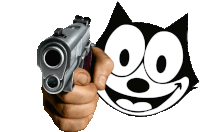 a hand holding a gun in front of a felix the cat