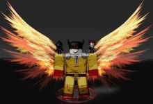 a roblox character with flaming wings is standing in front of a red circle