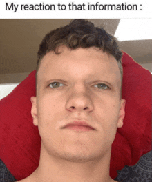 a man with no eyebrows is laying on a red pillow with the caption " my reaction to that information "