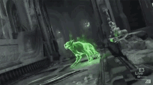 a green wolf is glowing in a dark room with e3 live written on the bottom