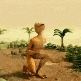 a cartoon character is kneeling down in a field with palm trees .