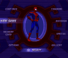 a video game screen shows a spider man standing in a circle surrounded by options and select buttons