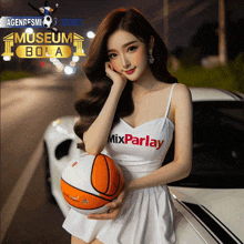 a woman in a white dress is holding a basketball with the word mixparlay on it