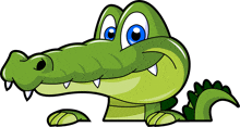 a cartoon alligator with blue eyes is smiling