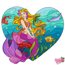 a colorful drawing of a mermaid in a heart shaped frame from happy color