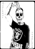 a drawing of a man wearing a raiders shirt and sunglasses