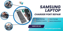 a samsung laptop charger port repair banner with a picture of a laptop and a man working on it .