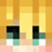 a pixel art of a person 's face with a yellow background and blue eyes .