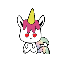 a cartoon unicorn with hearts in its eyes and a rainbow mane .