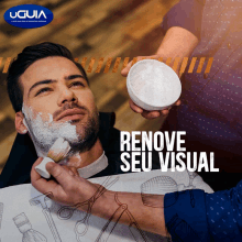 a man is getting his beard shaved by a barber with the words renove seu visual written below him