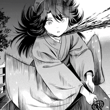 a black and white drawing of a person with long hair holding a sword