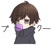 a boy is blowing a bubble with a purple gum .