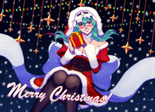 a merry christmas greeting card with a girl dressed as santa