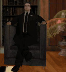 a man in a suit and tie sits in a chair with his legs crossed