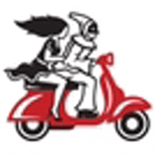 a man and a woman are riding a red scooter together .