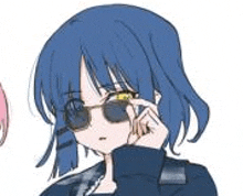 a girl with blue hair is wearing sunglasses and talking on a phone .