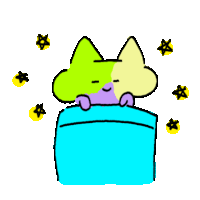 a cartoon cat is sleeping on a blue blanket with stars around it