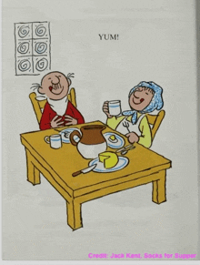 a cartoon of a man and a woman sitting at a table with yum written on the bottom