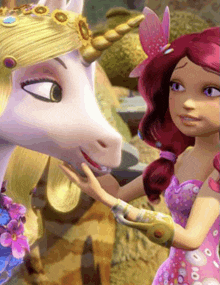 a girl in a pink dress touches a unicorn 's face