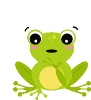 a green frog with black eyes and a yellow belly is sitting on a white background