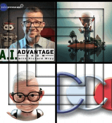 a man wearing glasses is featured in a collage of four photos