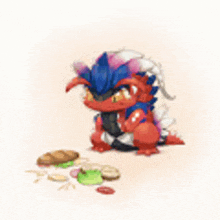 a red and blue dragon is sitting on a table with a bunch of food .