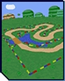 a cartoon drawing of a race track with a pond in the middle of it .