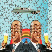 a man holding a glass of beer in front of a rainbow and a funeral car