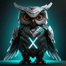 a robotic owl with a blue x on its chest