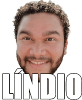 a man with curly hair and a beard is smiling with the name lindio written below him