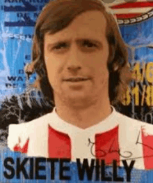 a man with long hair is wearing a red and white striped shirt with the name skiete willy written on it .