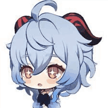 a chibi drawing of a girl with horns and blue hair .