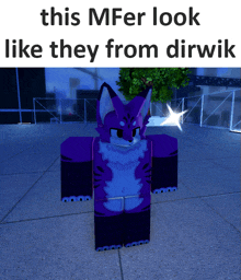 a picture of a purple and blue furry animal with the caption this mfer look like they from dirwik