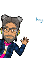 a cartoon of a man with a beard and glasses says hey