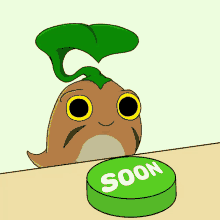 a green button that says soon is next to a cartoon character