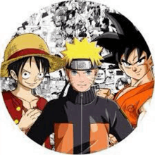 naruto , luffy and goku are standing next to each other in a circle .