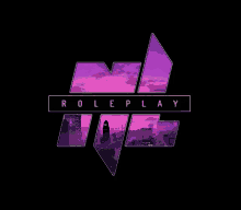 a purple and black logo for roleplay with a cityscape in the background