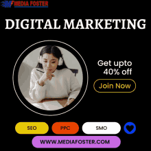 a poster for digital marketing shows a woman wearing headphones