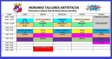 a colorful schedule for talleres artisticos is shown on a blue background