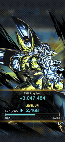 a screenshot of a video game that says exp acquired + 3,047,484