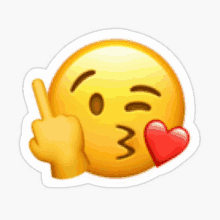 a sticker of a smiley face giving the middle finger and kissing a red heart .