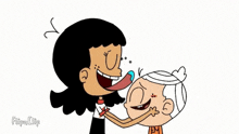 a cartoon girl is licking the face of a cartoon character .