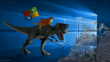 a cat riding on the back of a dinosaur with a microsoft flag