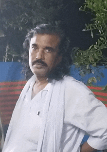 a man with long hair and a mustache is standing in front of a blue and red striped cloth