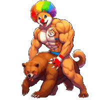 a cartoon of a clown riding a bear with the word dog on his chest