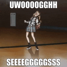 a girl in a school uniform is dancing on a basketball court with a meme .