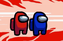 a red and a blue character from among us are standing next to each other .