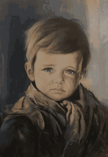 a painting of a young boy with tears running down his face